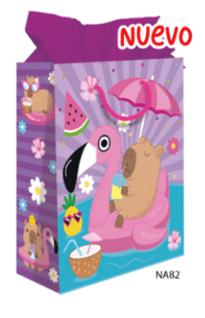 BOLSA DE REGALO MEDIANA CAPIBARA EN FLAMINGO FONDO LILA