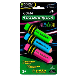 GOMA TICONDEROGA NEÓN 3 PIEZAS SURTIDO BLÍSTER