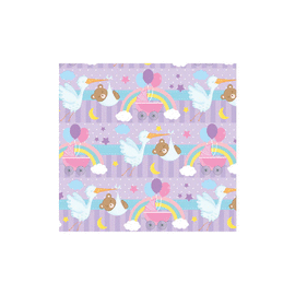 PAPEL DE REGALO BABY SHOWER CIGÜEÑA Y OSO FONDO MORADO 70 X 50 CM PLIEGO