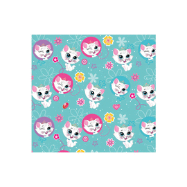 PAPEL DE REGALO GATITOS Y FLORES FONDO AZUL 70 X 50 CM