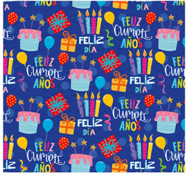 PAPEL DE REGALO PASTELES Y VELAS FONDO AZUL 70X50 CM PLIEGO
