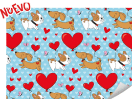 PAPEL DE REGALO 14 FEBRERO PERRITOS Y CORAZONES FONDO AZUL
