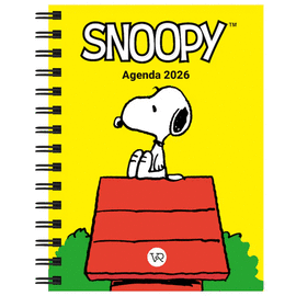 AGENDA SNOOPY 2026 AMARILLA CON TAPA DURA CON STAMPING Y LAMINADO MATE. SUS MEDIDAS SON 13.5CM ANCHO X 17.7CM ALTO. CONTIENE 224 PÁGINAS, DOS DÍAS POR PÁGINA. ENCUADERNACIÓN ESPIRAL WIRE-O, CIERRE CON