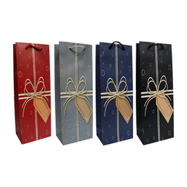 BOLSA REGALO P/BOTELLA C/MOÑO DORADO 6X12.8X8.2CM VARIOS COLORES